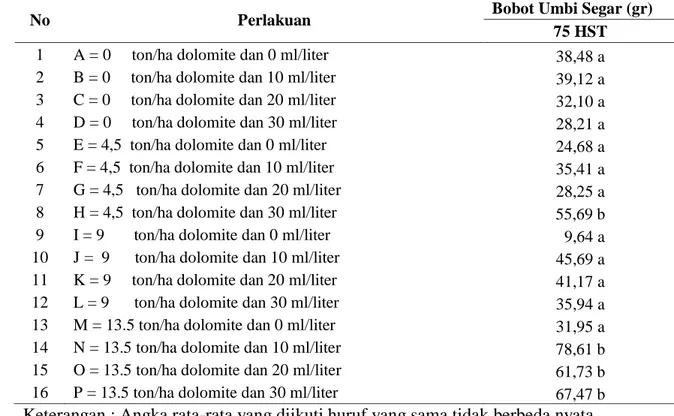 Tabel 5.   Pengaruh Dolomite Dan MOL Bonggol Pisang Terhadap Bobot Umbi Kering  Tanaman Bawang Merah 