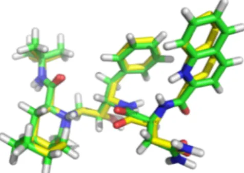 Gambar  3.  Hasil  aligment  antara  ligan  validasi  (kuning)  dengan  ligan  Saquinavir  (hijau)  nilai RMSD sebesar 0,264 Å
