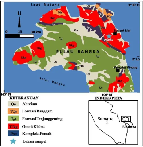 Gambar 1 Peta geologi Bangka bagian utara dan lokasi pengambilan sampel (sumber: Mangga dan  Djamal, 1994)