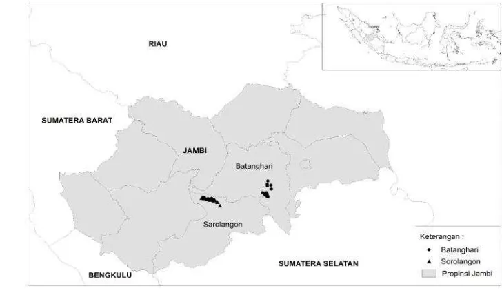 Gambar 1. Peta lokasi penelitian udang air tawar di Kabupaten Batanghari dan