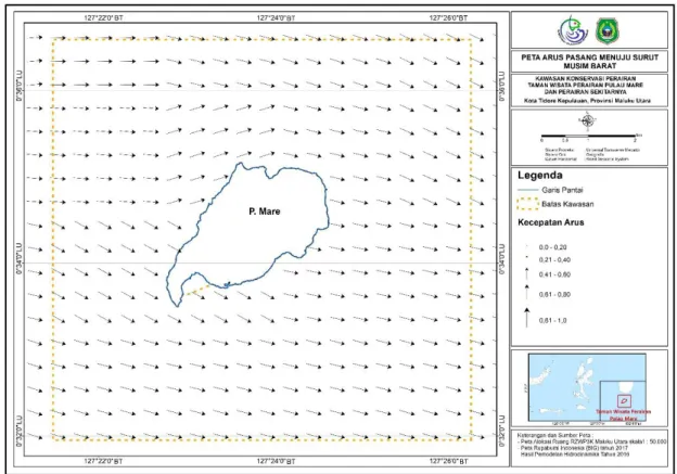 Gambar 2-5 Peta arah dan kecepatan arus laut musim barat surut menuju pasang di wilayah  KKPD Pulau Mare, Kota Tidore Kepulauan 