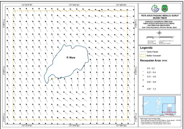 Gambar 2-7 Peta arah dan kecepatan arus laut musim timur surut menuju pasang di wilayah  KKPD Pulau Mare, Kota Tidore Kepulauan 