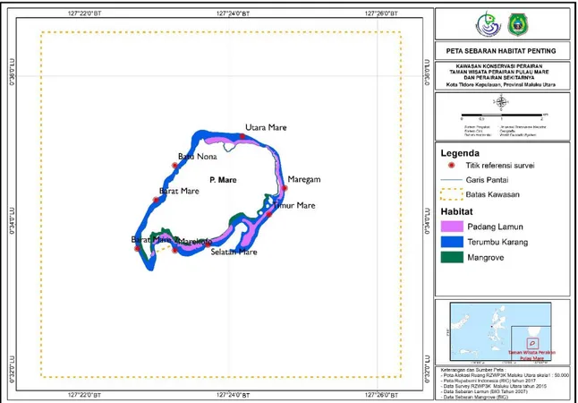Gambar 2-8 Peta lokasi ekosistem terumbu karang, mangrove dan padang lamun di Pulau  Mare    