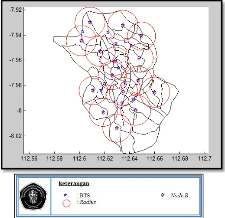 Gambar 3 Plotting peletakan node-B hasil simulasi 