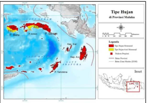 Gambar 1. Tipe hujan di Maluku  Tujuan  penelitian  ini  adalah  menentukan  ukuran  domain  spasial  yang  optimum  untuk  prakiraan  hujan  bulanan  dan  Memperoleh  hasil  prakiraan  curah  hujan  bulanan  di  masing-masing  stasiun  pengamatan