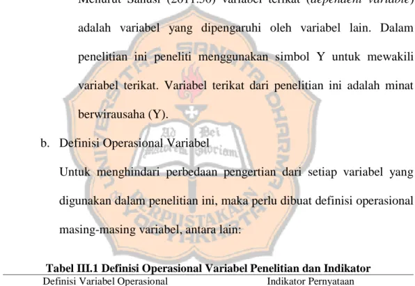 Tabel III.1 Definisi Operasional Variabel Penelitian dan Indikator  Definisi Variabel Operasional  Indikator Pernyataan  Sikap : 