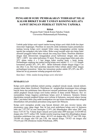 PENGARUH SUHU PEMBAKARAN TERHADAP NILAI KALOR BRIKET DARI TANDAN KOSONG ...