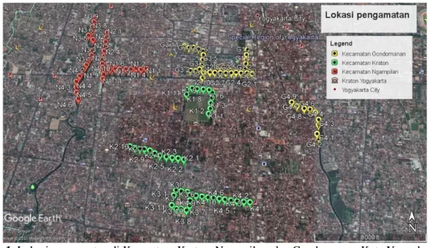 Gambar 1. Lokasi pengamatan di Kemantren Kraton, Ngampilan, dan Gondomanan, Kota Yogyakarta  Tabel 1