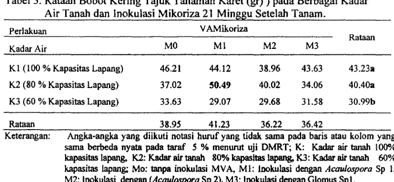 Tabel 2. Rataan Pertambahan Diameter Batang Tanaman Karet (mm) ) pada berbagai Kadar Air Tanah dan Inokulasi Mikoriza 21 Minggu Setelah Tanam