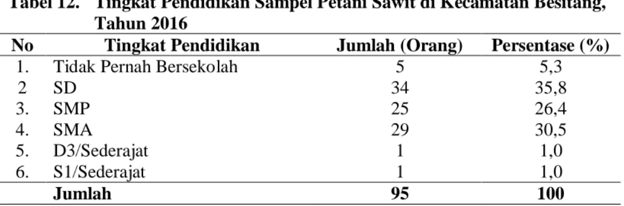 Tabel 12.  Tingkat Pendidikan Sampel Petani Sawit di Kecamatan Besitang,   Tahun 2016 