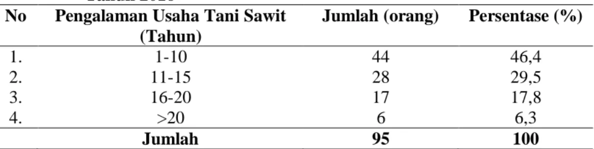 Tabel 13.  Pengalaman Usaha Sampel Petani Sawit di Kecamatan Besitang,   Tahun 2016 