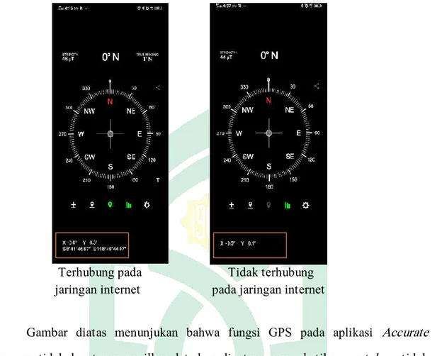 Gambar  diatas  menunjukan  bahwa  fungsi  GPS  pada  aplikasi  Accurate  Compass tidak dapat menampilkan data koordinat pengguna ketika smartphone tidak  terhubung pada jaringan  internet yang berarti GPS pada  smartphone menggunakan  jaringan internet un