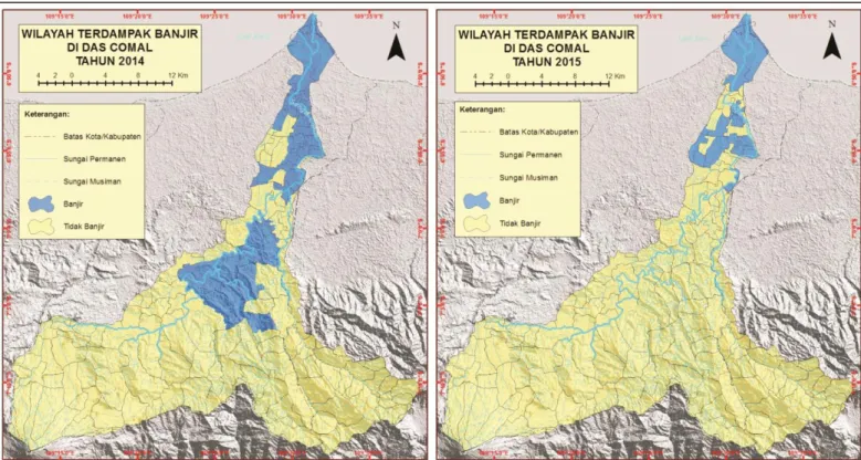 Gambar 1. 6. Wilayah Terdampak Banjir Genangan di DAS Comal Tahun 2014 dan  Tahun 2015 