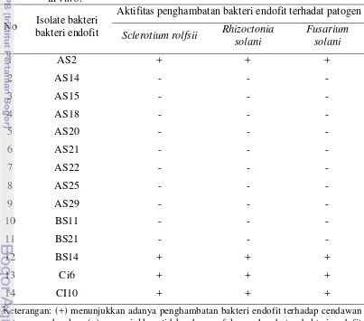 Tabel  3  Seleksi bakteri endofit terhadap R. solani, S. rolfsii, dan F. solani secara 