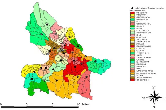 Gambar  2.1  Peta  Wilayah  dan  Penyebaran  Puskesmas  di  Kabupaten  Tulungagung Tahun 2014 