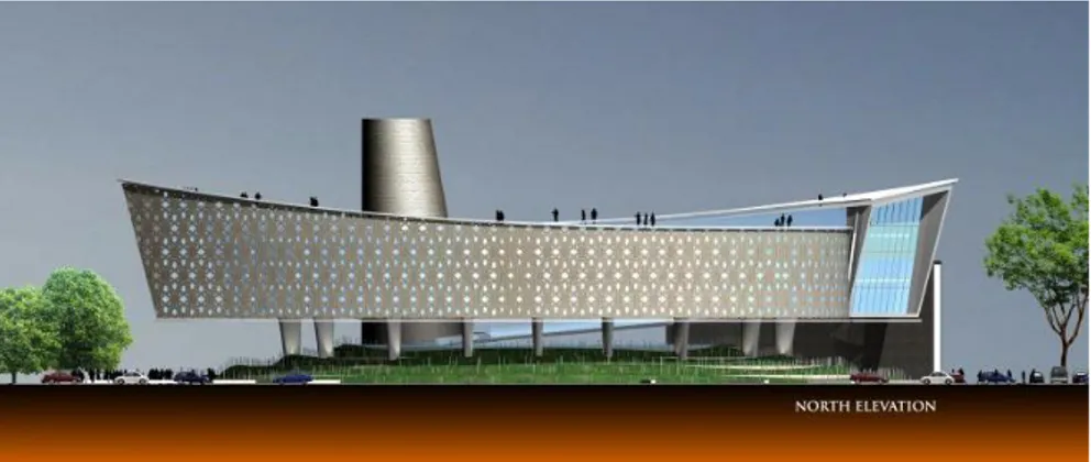 Gambar : Fasad bangunan Museum Tsunami yang menyerupai bentuk kapal besar.  Sumber : buildingindonesia.biz 