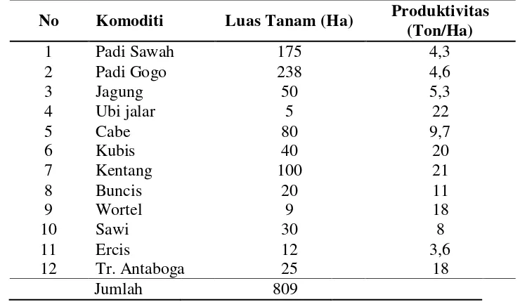Tabel 7. Luas Tanam dan Produktivitas Tanaman Pangan, Palawija, dan Sayuran   di Desa Sukanalu Tahun 2012