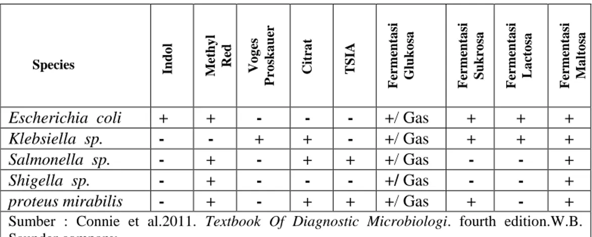 Tabel 1. Reaksi biokimia dari Enterobacteriaceae 