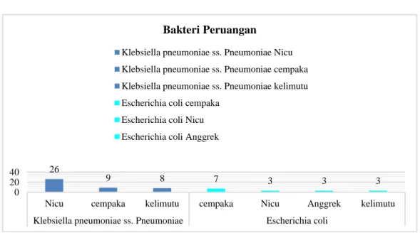 Tabel 4.2 Diagram batang jumlah bakteri ESBL berdasarkan    ruangan/lokasi tahun 2016 - 2018                  26 9 8 7 3 3 3 02040
