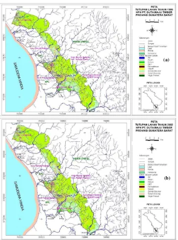 Gambar 2. Kondisi tutupan hutan/lahan hasil klasifikasi citra (a) tahun 1999 dan (b) tahun 2002 