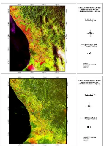 Gambar 1.  (a) Citra Landsat TM rekaman 6 juni 1999 dan (b) Landsat ETM rekaman 19  juni 2002 