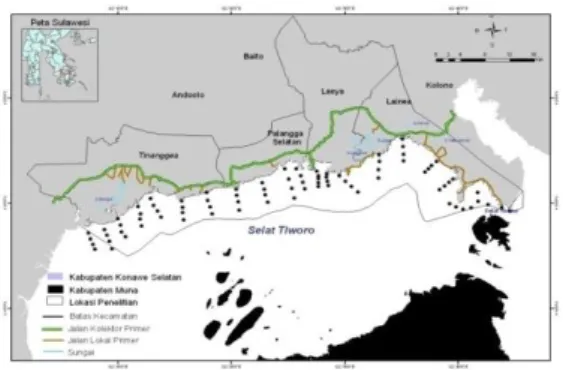 Gambar  1.    Peta  lokasi  penelitian  di  kawasan  perairan Selat Tiworo utara klaster  tinanggea,  Kabupaten  Konawe  Selatan 