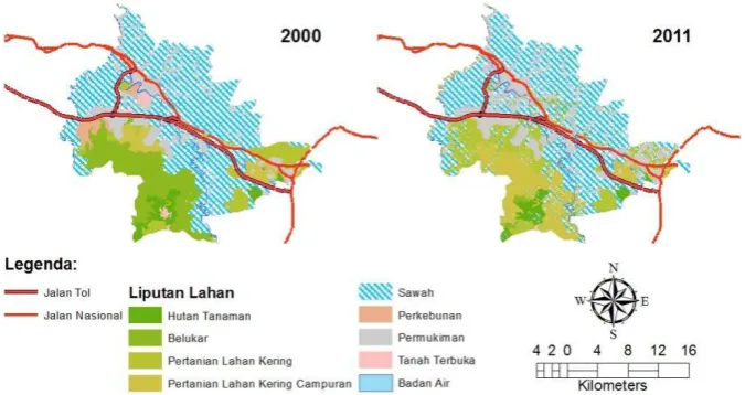 Gambar 2. Liputan lahan tahun 2000 dan 2011 di 10 kecamatan pinggir jalan tol dan jalan nasional di Kab