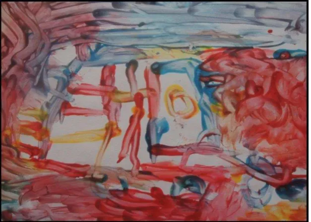 Gambar 26. Hasil Karya Finger PaintingKarya : AK, Ukuran: 29,7 x 42,0 cm (A3)   Judul “ Busnya Terkena Angin Besar ” Media : Bubur Warna 
