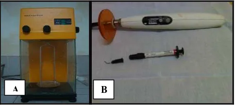 Gambar 17.  (a) Neraca analitik elektronik, (b)   Light cure (Runyes, China) & flowable resin (Madenta, Germany) 