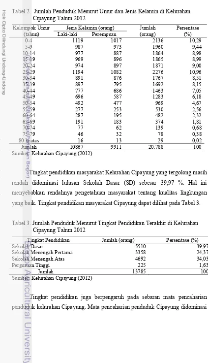 Tabel 2.  Jumlah Penduduk Menurut Umur dan Jenis Kelamin di Kelurahan     Cipayung Tahun 2012 