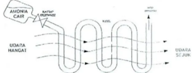 Gambar 2.1 Bentuk awal mesin pendingin  Sebuah  tabung  yang  berisi  amonia  cair  (titik  didihnya  -33ºC,  tekanan  1  atm)  yang  dialirkan  melalui  suatu  koil