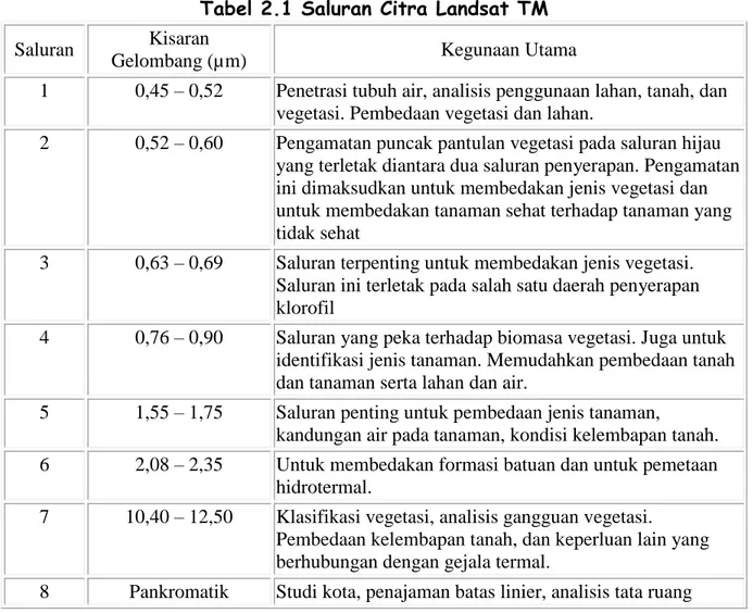 Tabel 2.1 Saluran Citra Landsat TM  Saluran  Kisaran 