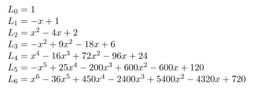 Tabel 4: Beberapa polinomial Laguerre, L q (x), yang pertama L 0 = 1 L 1 = −x + 1 L 2 = x 2 − 4x + 2 L 3 = −x 2 + 9x 2 − 18x + 6 L 4 = x 4 − 16x 3 + 72x 2 − 96x + 24 L 5 = −x 5 + 25x 4 − 200x 3 + 600x 2 − 600x + 120 L 6 = x 6 − 36x 5 + 450x 4 − 2400x 3 + 5