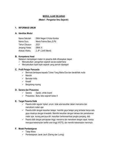 MODUL AJAR SEJARAH (Materi : Pengantar Ilmu Sejarah)