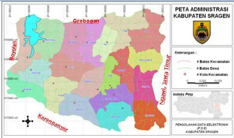 Gambar 3.1 Peta administratif Kabupaten Sragen  Sumber : PDE Kabupaten Sragen 