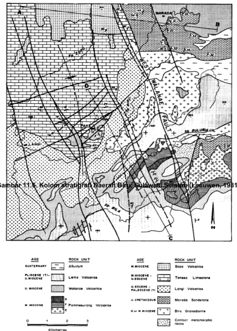 Gambar 11.5. Kolom stratigrafi Daerah Biru, Sulawesi Selatan (Leeuwen, 1981)