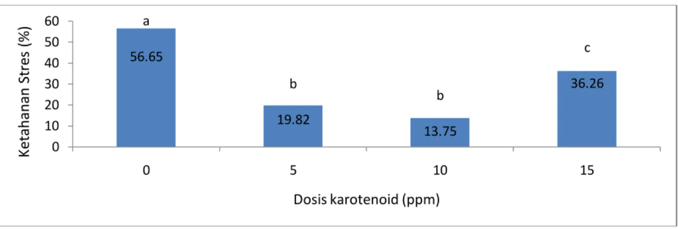 Gambar 4.  Histogram  Hubungan  Antara  Dosis Pengkayaan  Karotenoid Terhadap Ketahanan  Stres Larva Ikan Kakap Putih (Lates calcarifer) Pada Setiap Perlakuan 