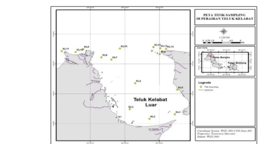 Gambar 1. Lokasi pengambilan sampel air untuk pengukuran TSS dan  TDS di Teluk Kelabat Luar 
