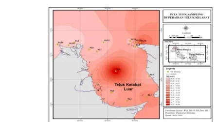 Gambar 3. Sebaran TSS (mg/L) pada permukaan (1 m) dan kondisi  surut di Teluk Kelabat Luar