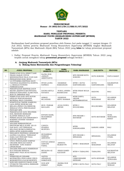 PENGUMUMAN Nomor : B-1802/DJ.I/Dt.I.I/HM.01/07/2022 TENTANG HASIL ...