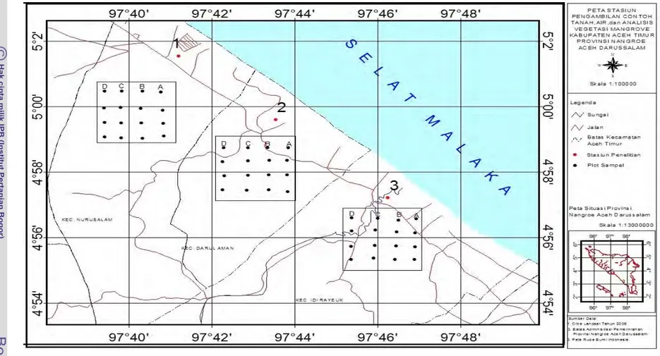 Gambar 3. Peta Stasiun Pengambilan Contoh Tanah, Air dan Analisis Vegetasi Mangrove  Kabupaten Aceh Timur   Propinsi Nanggroe Aceh Darussalam