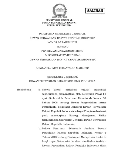 PERATURAN SEKRETARIS JENDERAL DEWAN PERWAKILAN RAKYAT REPUBLIK INDONESIA