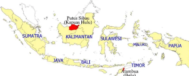 Gambar 1.  Lokasi program ‘‘Equitable Payments for Watershed Services’ di Indonesia.  Atambua dan Putus Sibau adalah ibukota dari masing-masing Kabupaten Belu dan Kapuas Hulu