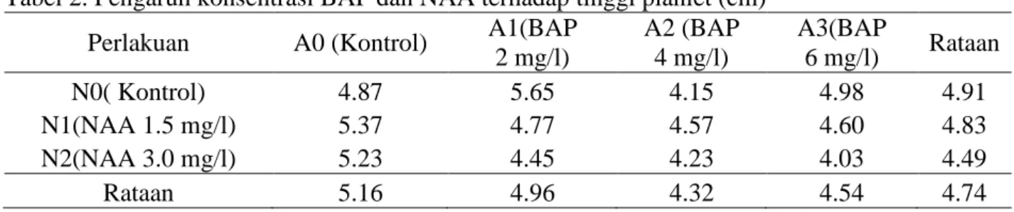 Tabel 2. Pengaruh konsentrasi BAP dan NAA terhadap tinggi planlet (cm) 