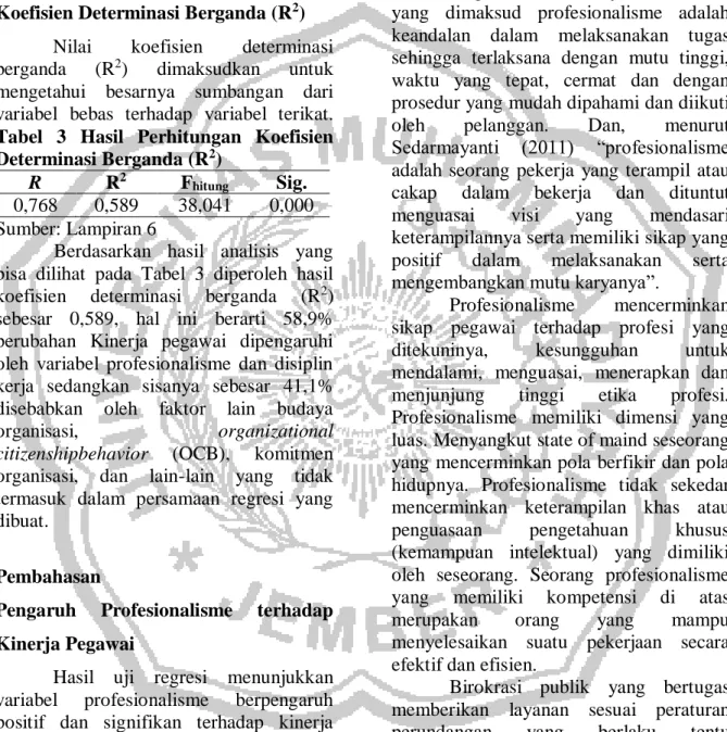 Tabel  3  Hasil  Perhitungan  Koefisien  Determinasi Berganda (R 2 ) 