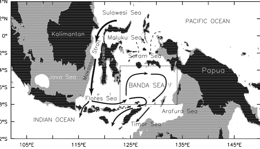 Fig. 1. The eastern Indonesian Seas and the location of Banda Sea bounded by box: 1231E–1341E, 81S–3.51S