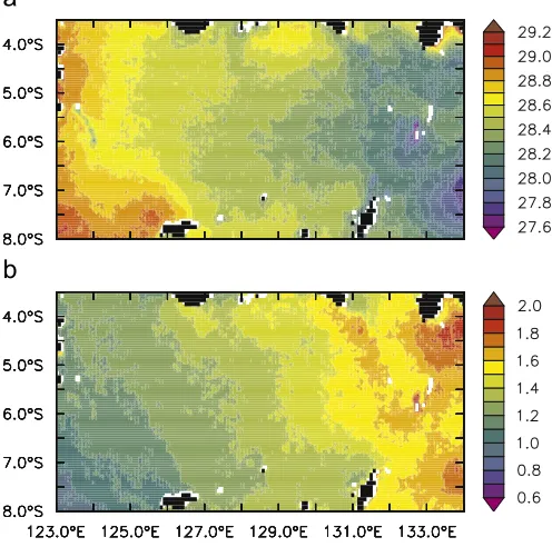 Fig. 2. (a) 23-year mean and (b) standard deviation of sea surface temperature inthe Banda Sea (1C).
