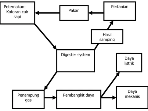 Gambar 2. Diagram system proses produksi biogas dan pemanfaatannya Hasil samping biogas Pakan Pertanian Peternakan: Kotoran cair sapi Daya  mekanis Digester system Pembangkit daya  Daya listrik Penampung gas 