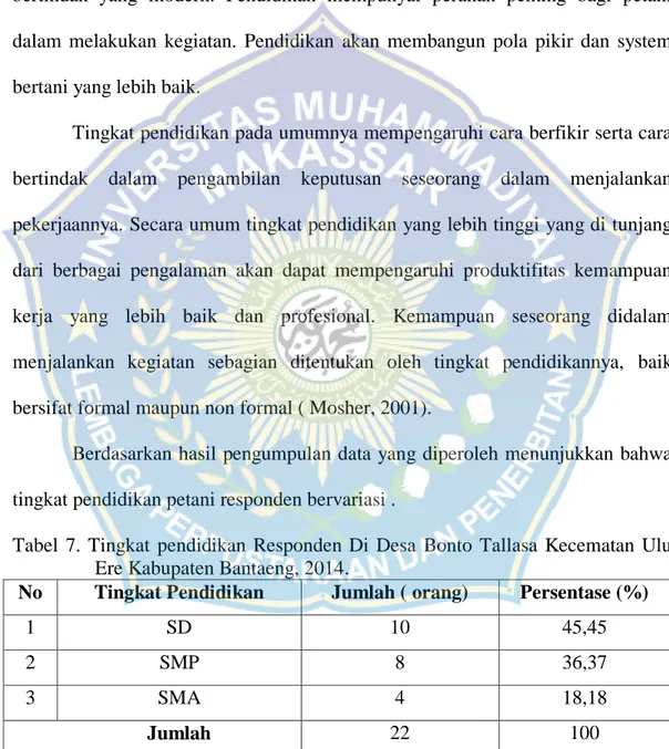 Tabel  7.  Tingkat  pendidikan  Responden  Di  Desa  Bonto  Tallasa  Kecematan  Ulu  Ere Kabupaten Bantaeng, 2014