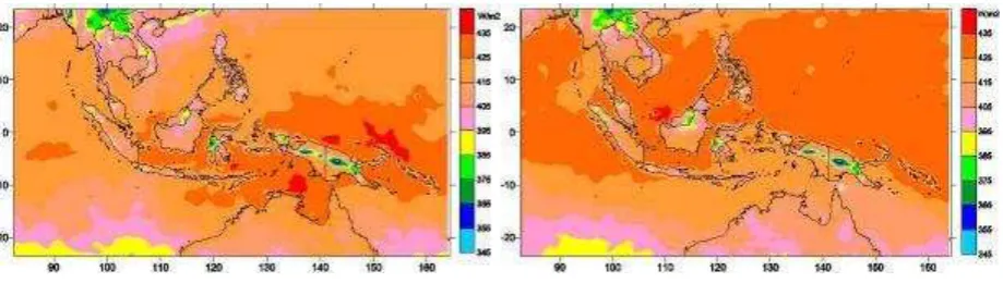 Figure 10.  Distribution of average solar energy (Wm-2) which has been receives by earth surface in regional area on (left) December 02, 2000 and (right) June 02, 2001